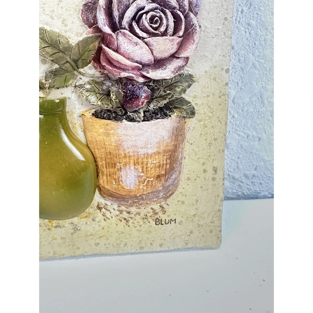 Blum 3D Resin Wall Plaques Roses In Painted Vases Signed 6.25